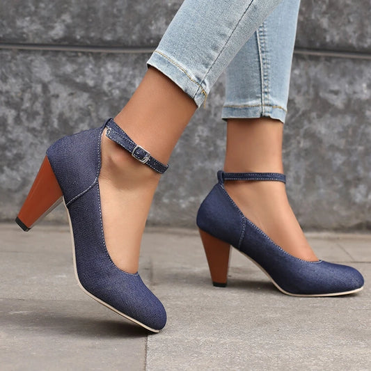 Women Pumps Pointed Toe, 7.5cm Spike Heel, Denim Fabric, Office Ankle Strap